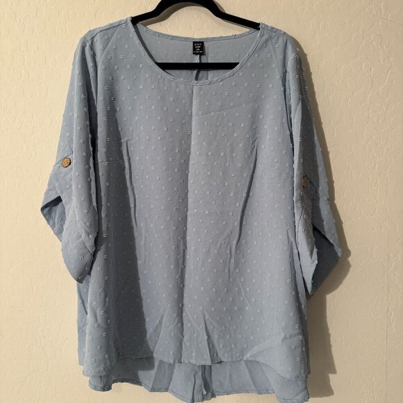 SHEIN Tops - SHEIN Curve Blue Blouse | Textured Swiss Dot Roll-Tab Sleeve Top | Size 1XL